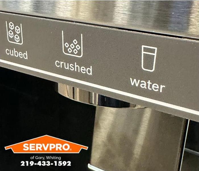 The ice and water dispenser on a refrigerator door is shown.